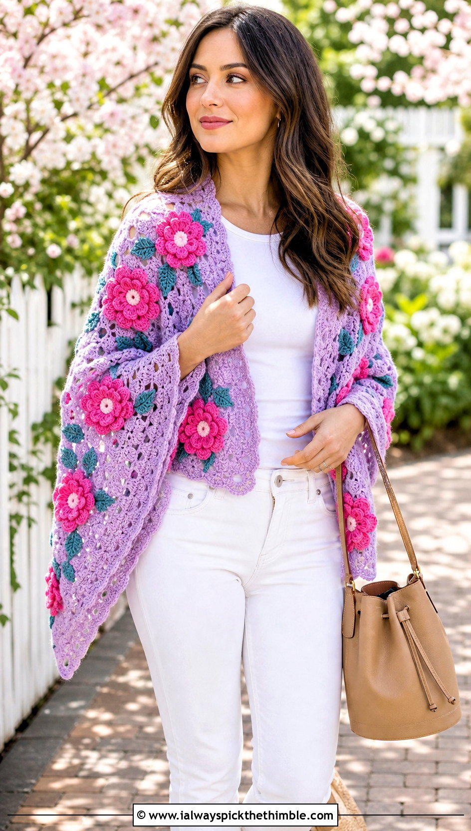Floral Motif Half Circle Crochet Shawl With White Jeans - 15 Half Circle Crochet Shawl outfit ideas