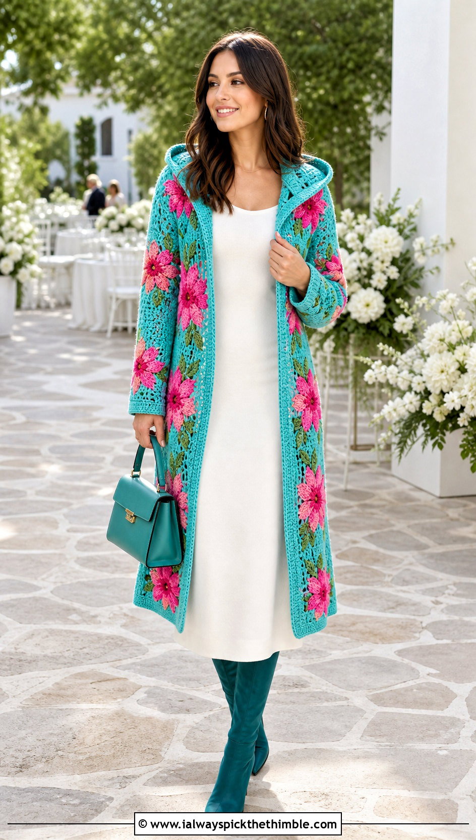 Floral Motif Hooded Crochet Cardigan With Column Dress - 25 hooded crochet cardigan outfit ideas