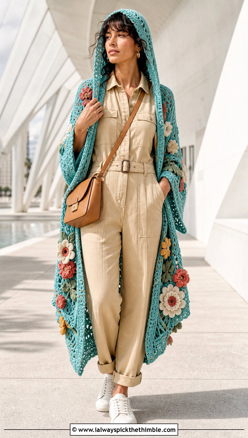 Floral Motif Hooded Crochet Ruana With Utility Jumpsuit - 20 Hooded Crochet Ruana outfit ideas