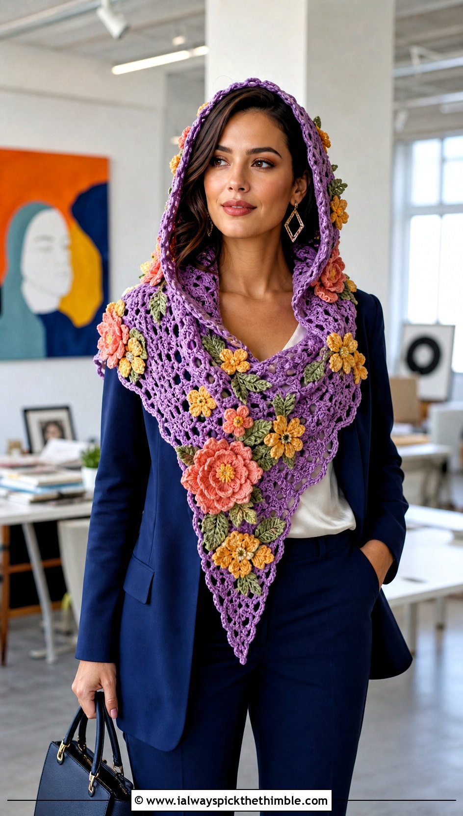 Floral Motif Hooded Triangle Crochet Scarf With Tailored Suit - 20 Hooded Triangle Crochet Scarf outfit ideas