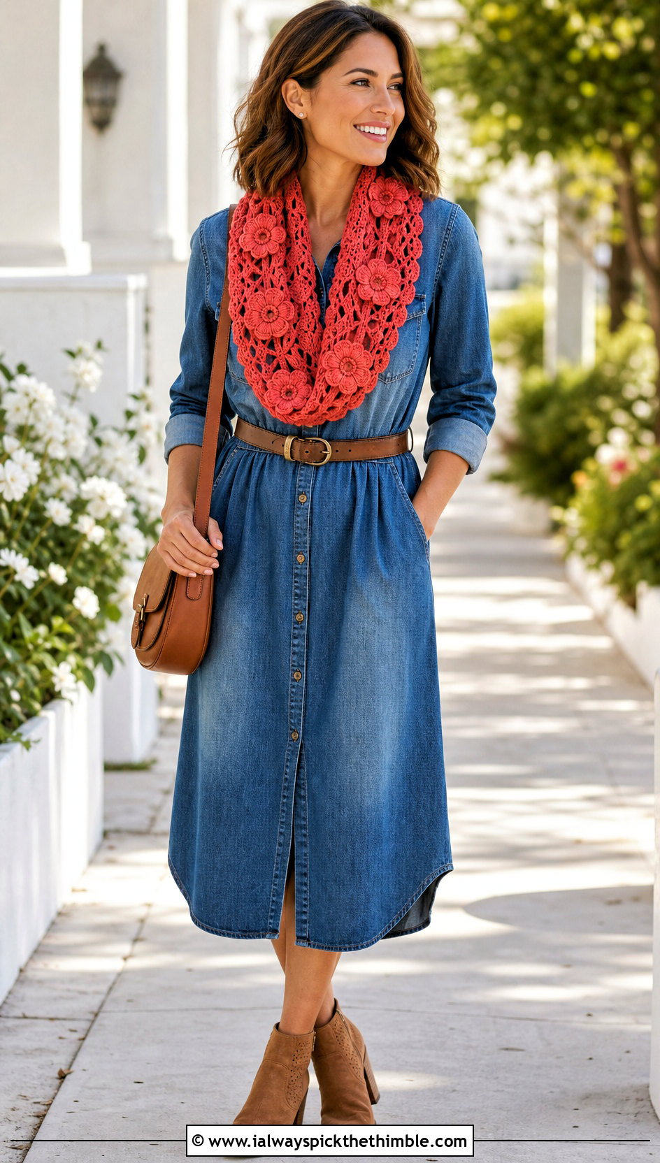 Floral Motif Infinity Scarf With Denim Dress - 20 Lacy Crochet Infinity Scarf outfit ideas