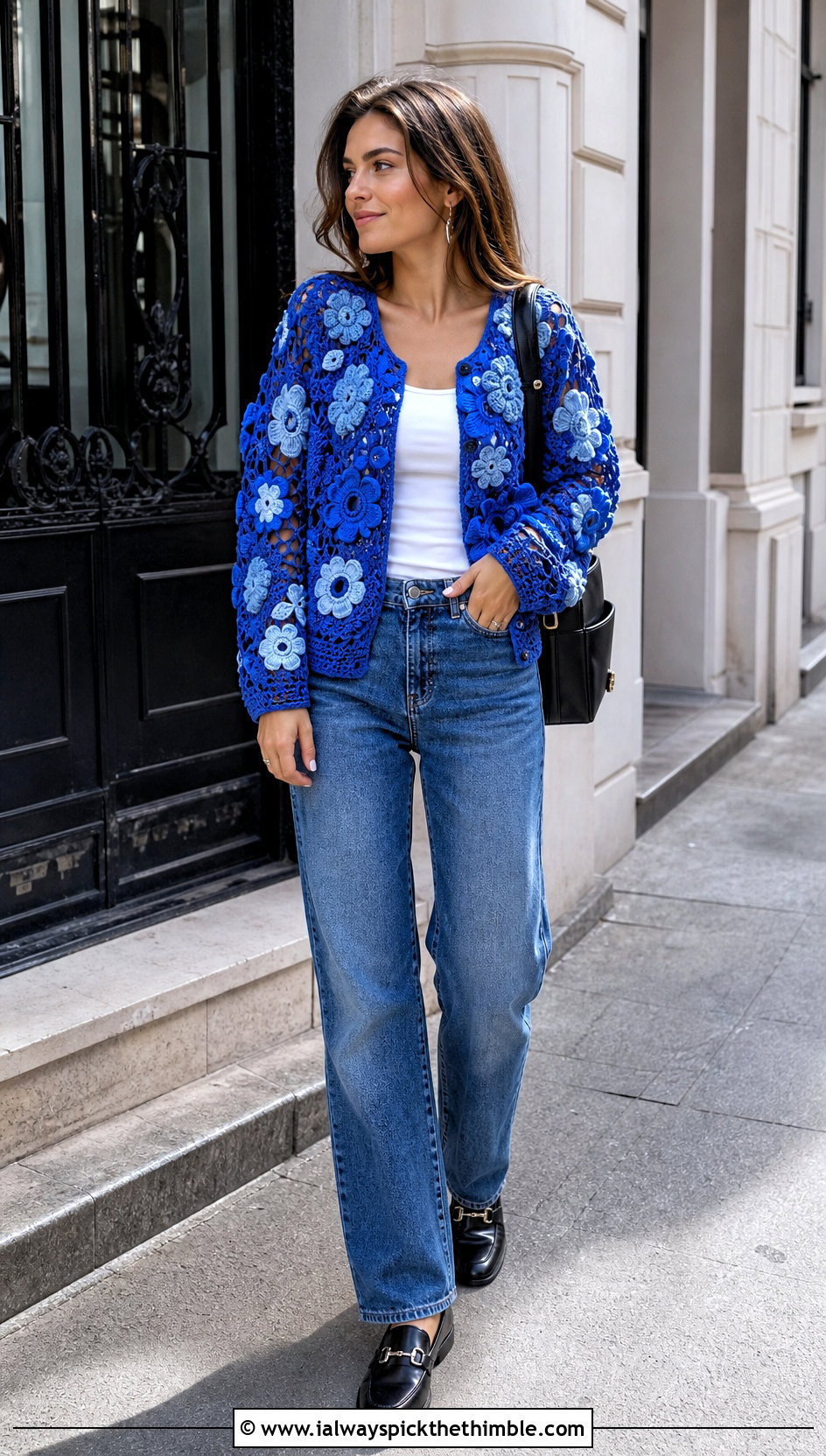 Floral Motif Irish Crochet Cardigan With Straight Leg Jeans - 20 Irish Crochet Cardigan outfit ideas
