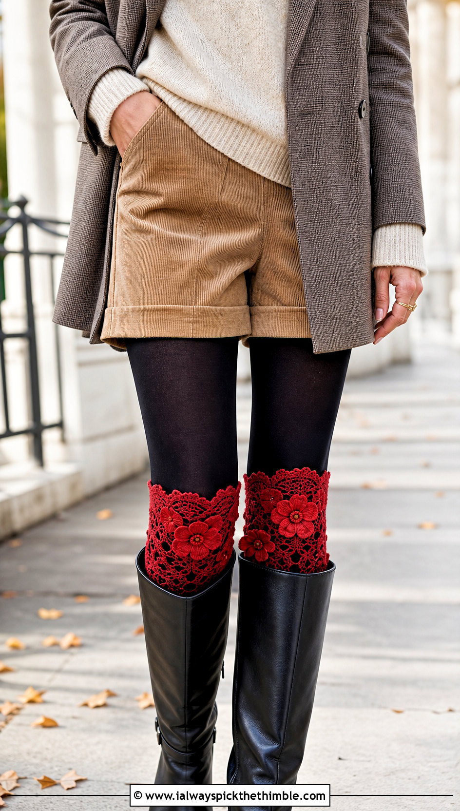 Floral Motif Lace Boot Cuffs With Corduroy Shorts And Tall Boots - 15 Crochet Lace Boot Cuffs outfit ideas