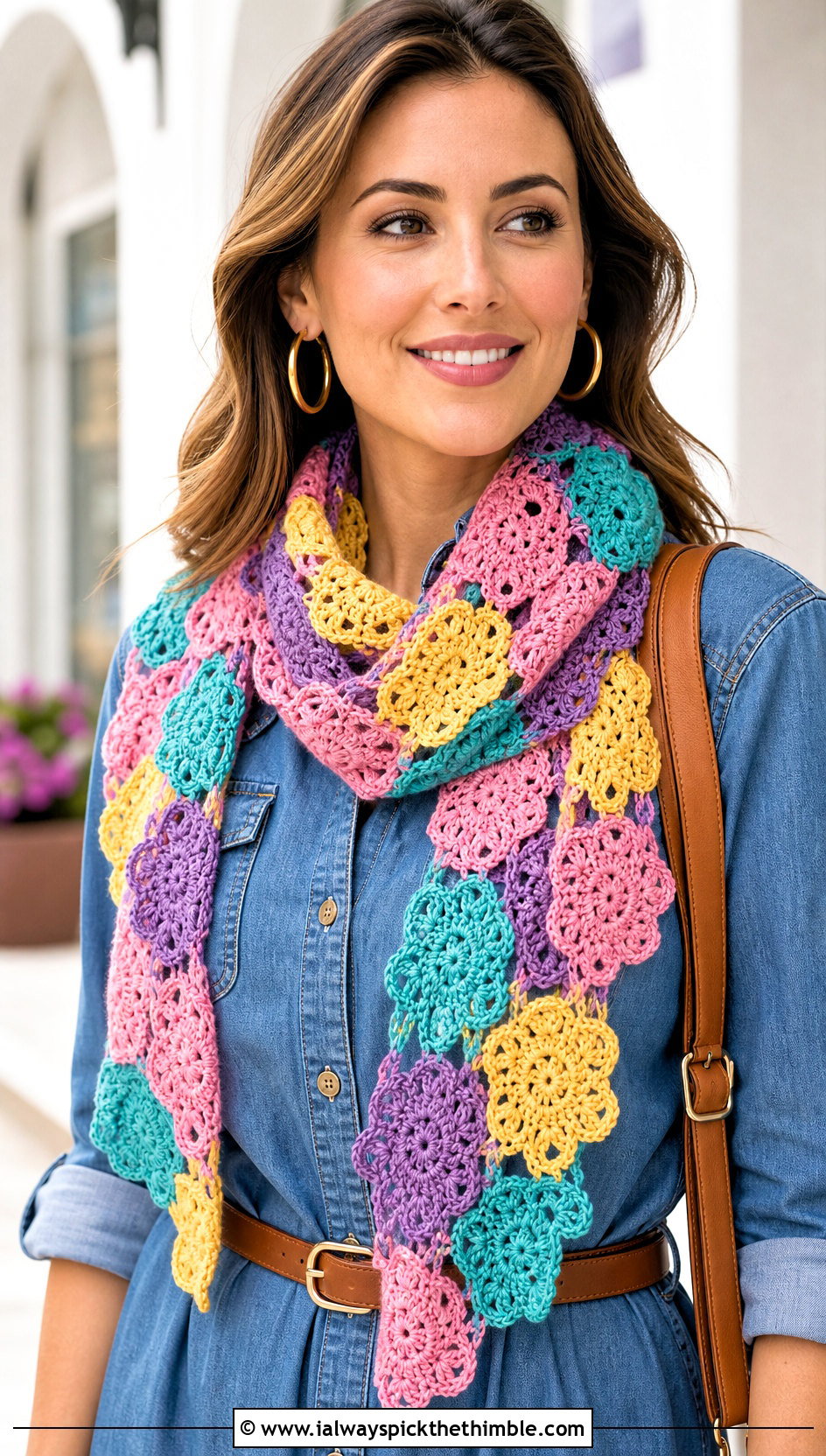 Floral Motif Lace Crochet Scarf With Denim Dress - 15 Lacy Crochet Scarf outfit ideas