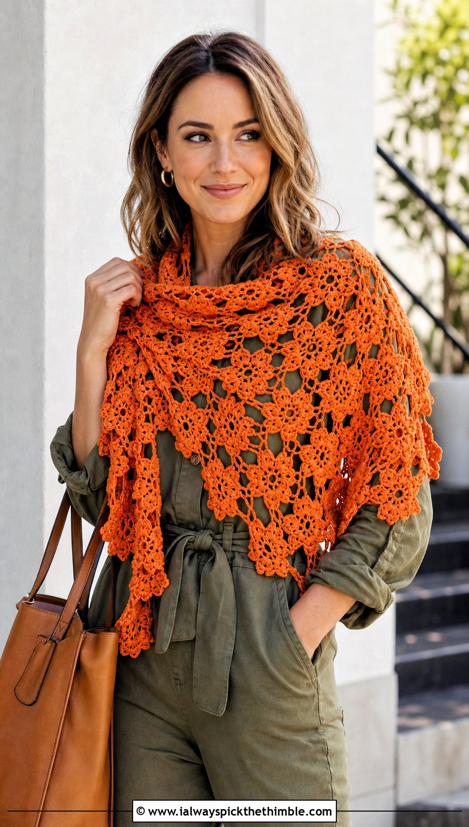 Floral Motif Lace Crochet Shawl With Utility Jumpsuit - 15 Easy Lacy Crochet Shawl outfit ideas