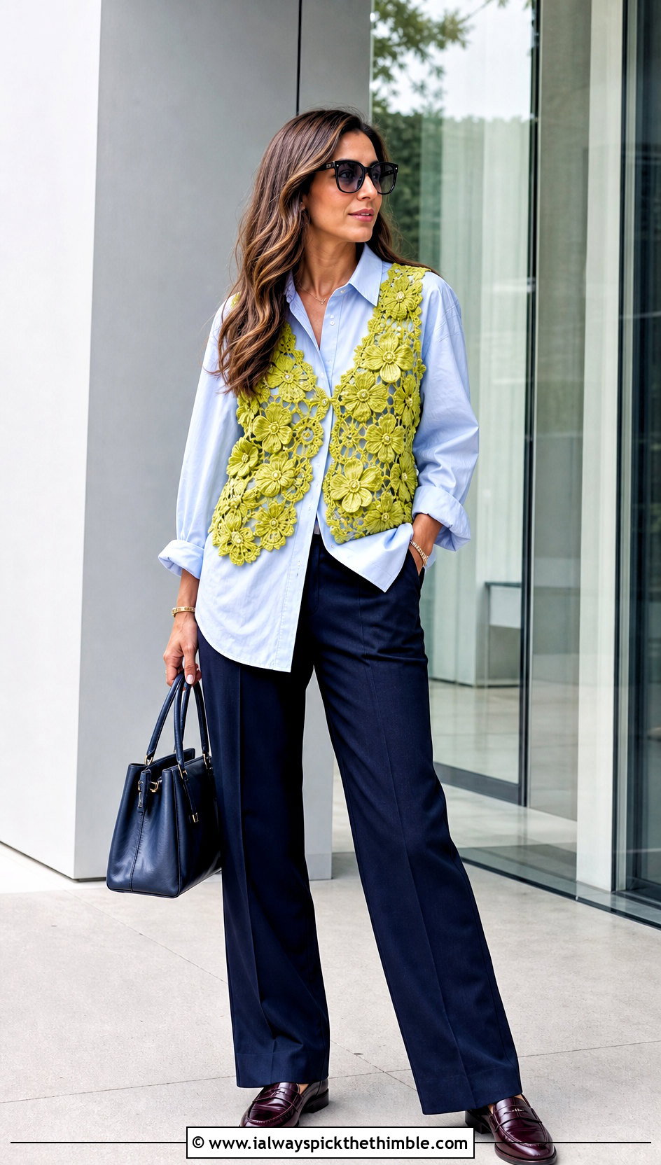 Floral Motif Lace Crochet Vest With Poplin Shirt - 25 lace crochet top outfit ideas