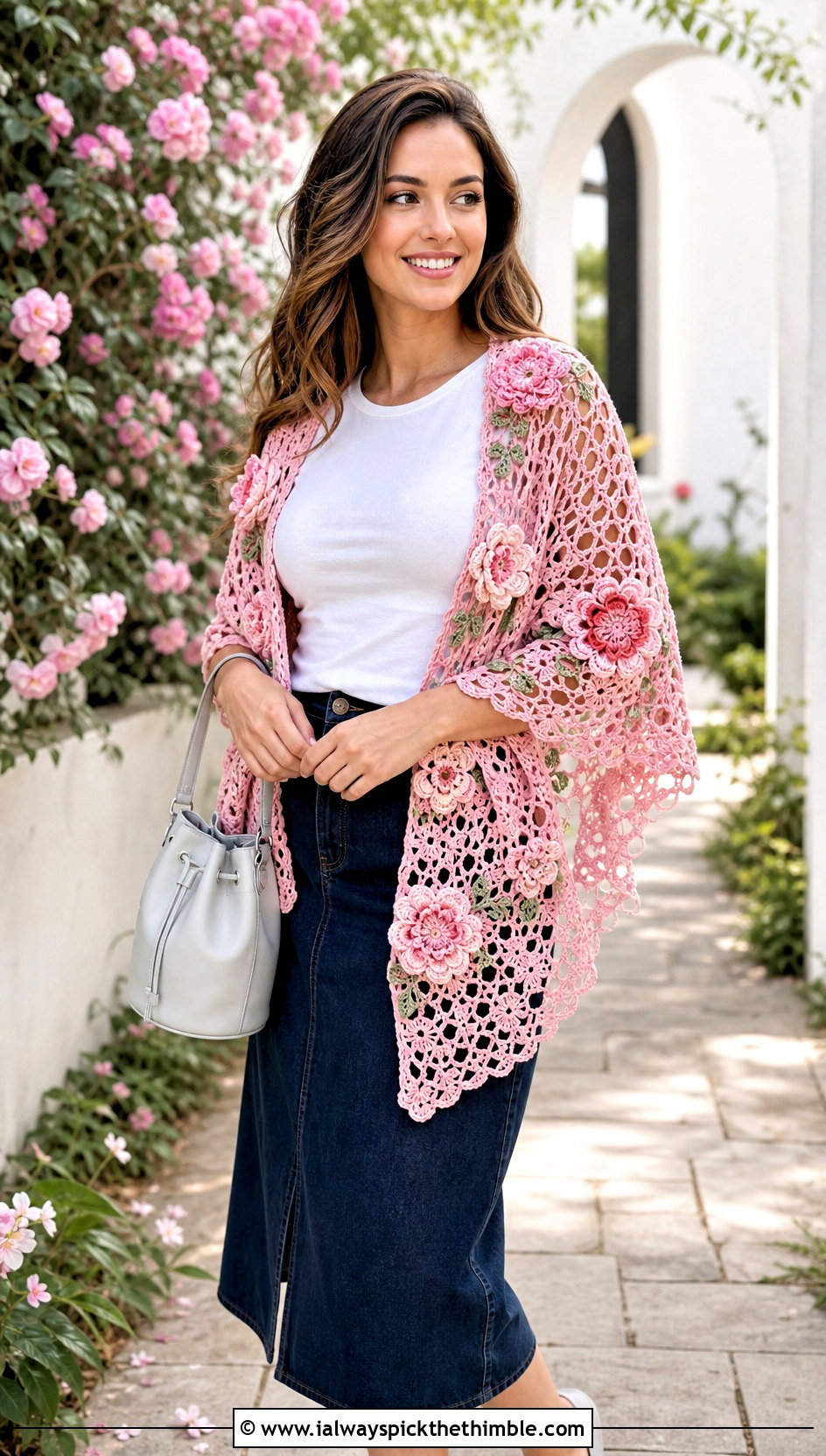 Floral Motif Lace Shawl With Denim Midi Skirt - 20 Lacey Crochet Shawls outfit ideas