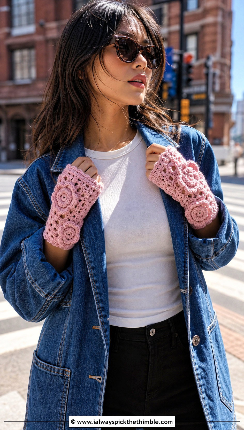 Floral Motif Lacy Fingerless Gloves With Denim Chore Jacket - 15 Crochet Lacy Fingerless Gloves outfit ideas