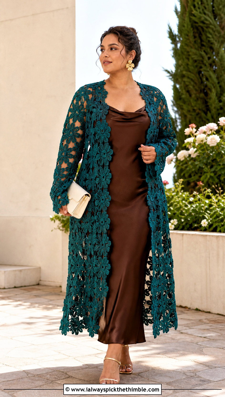 Floral Motif Long Crochet Duster With Slip Dress - 20 Long Crochet Duster outfit ideas