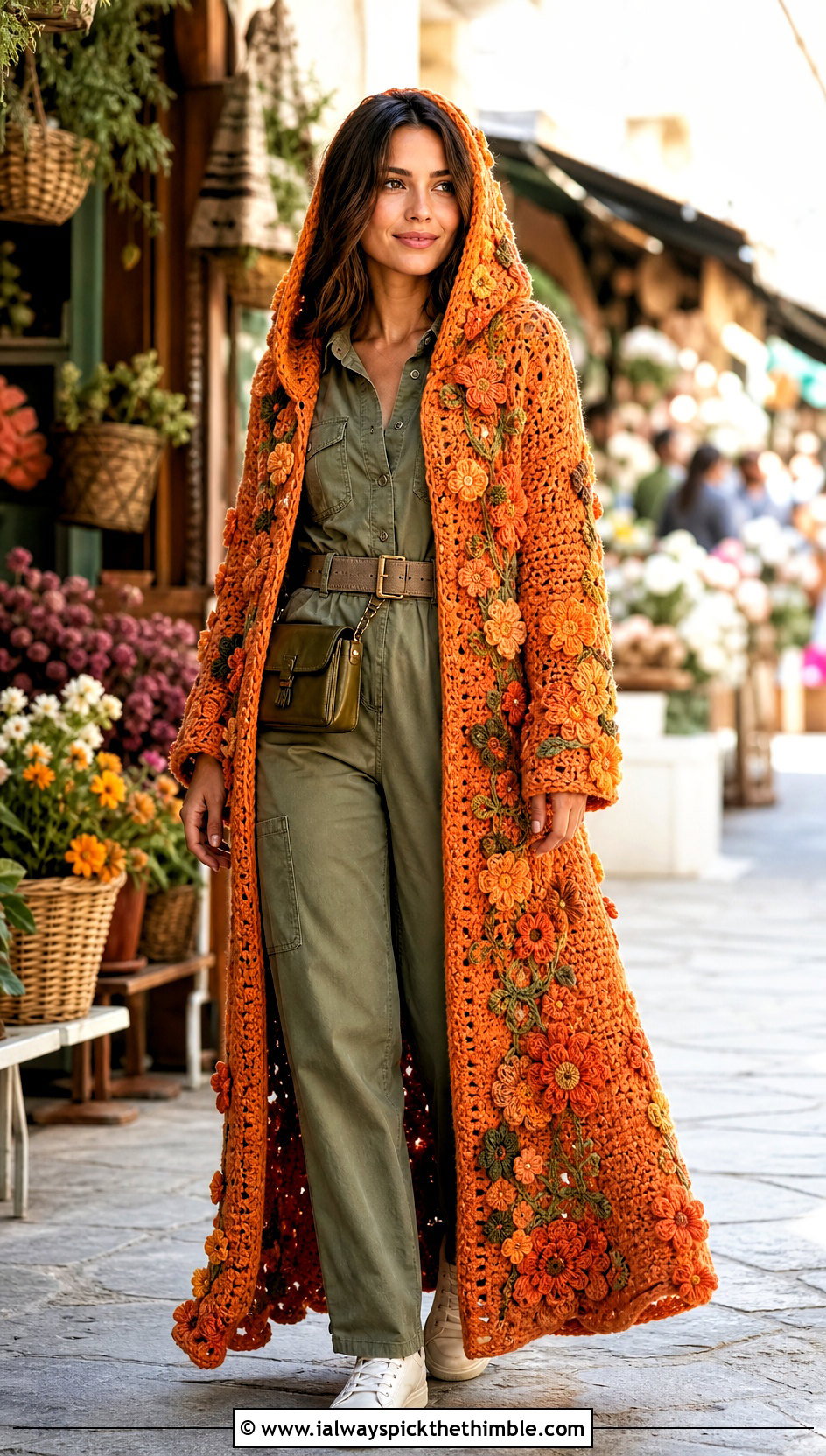 Floral Motif Long Hooded Crochet Cape With Utility Jumpsuit - 20 Long Hooded Crochet Cape outfit ideas