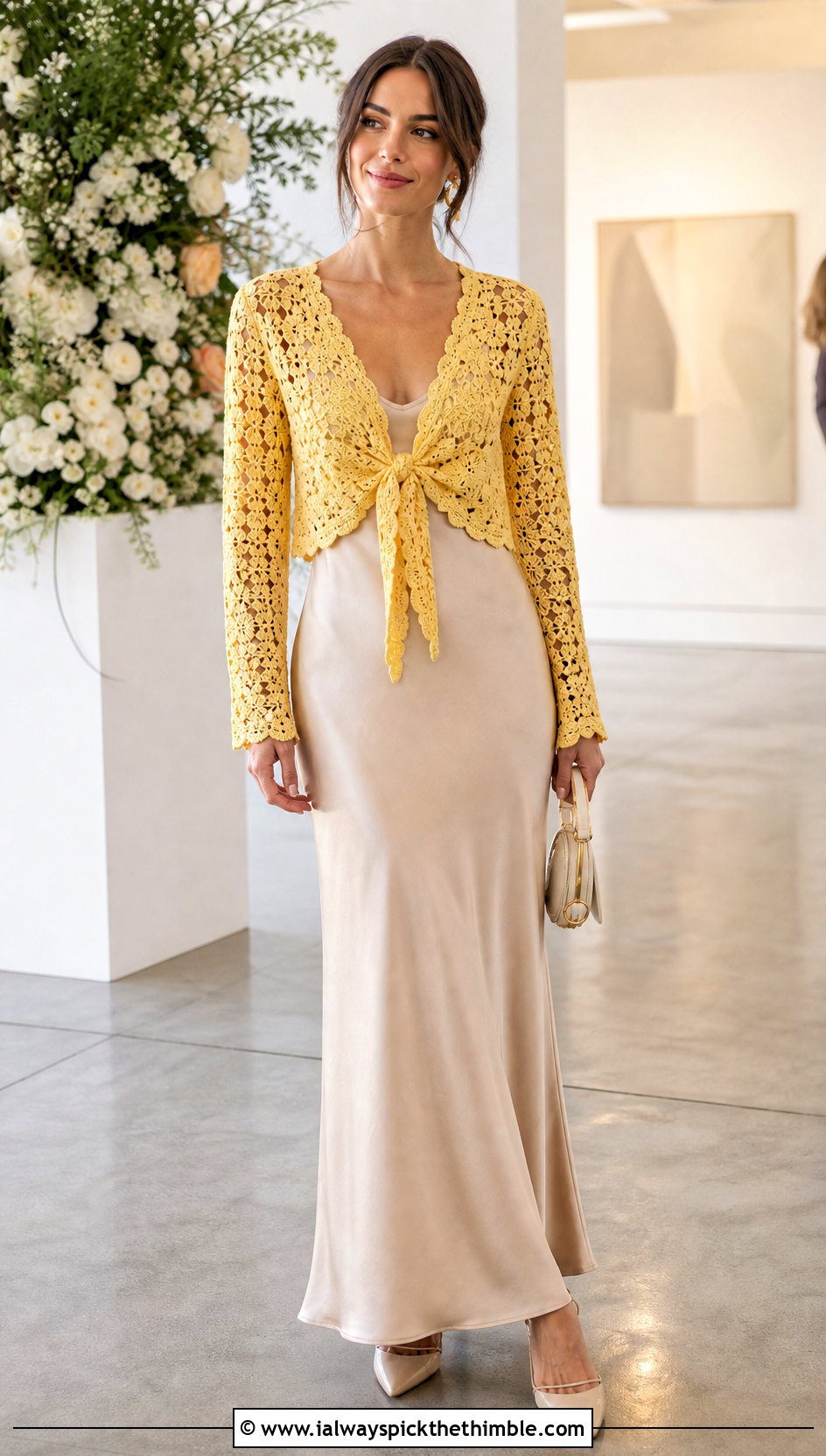 Floral Motif Long Sleeve Tie Front Crochet Top With Satin Skirt - 20 long sleeve tie front crochet top outfit ideas