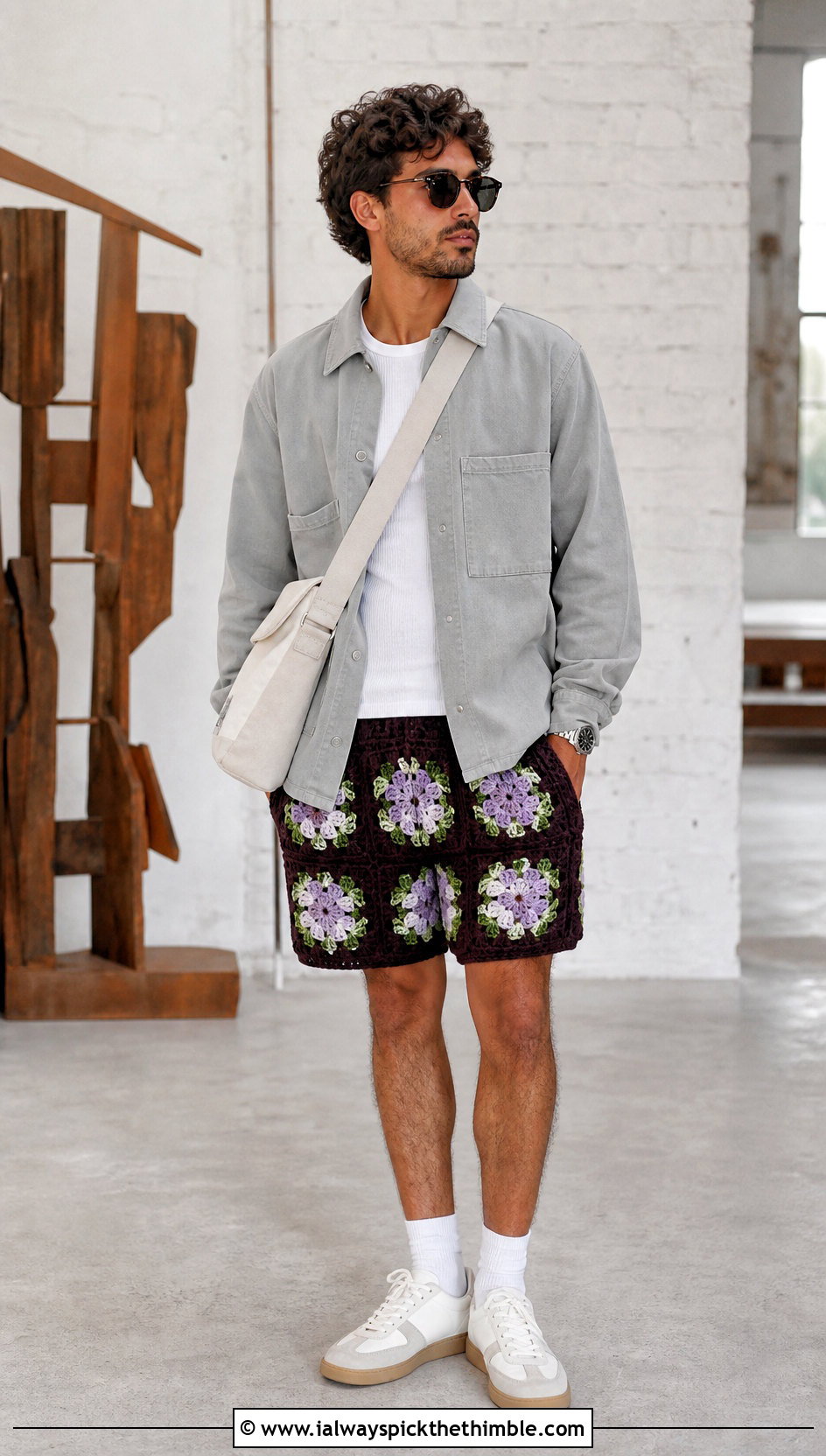 Floral Motif Mens Crochet Shorts With Workwear Shirt - 25 Crochet Mens Shorts outfit ideas