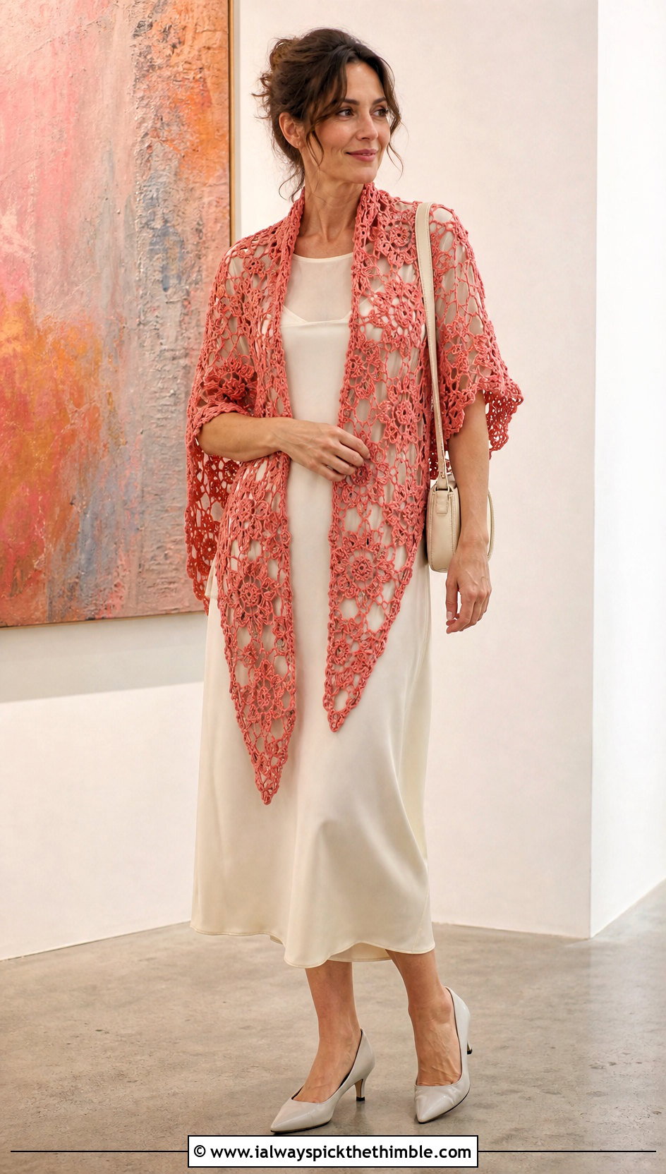 Floral Motif Mesh Triangle Shawl With Slip Dress - 20 Crochet Mesh Triangle Shawl outfit ideas