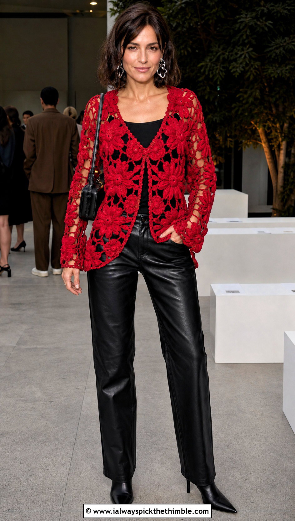 Floral Motif Open Knit Crochet Sweater With Leather Pants - 15 Open Knit Crochet Sweater outfit ideas