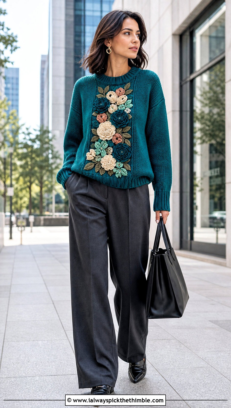 Floral Motif Panel Sweater With Tailored Trousers - 20 crochet panel sweater outfit ideas