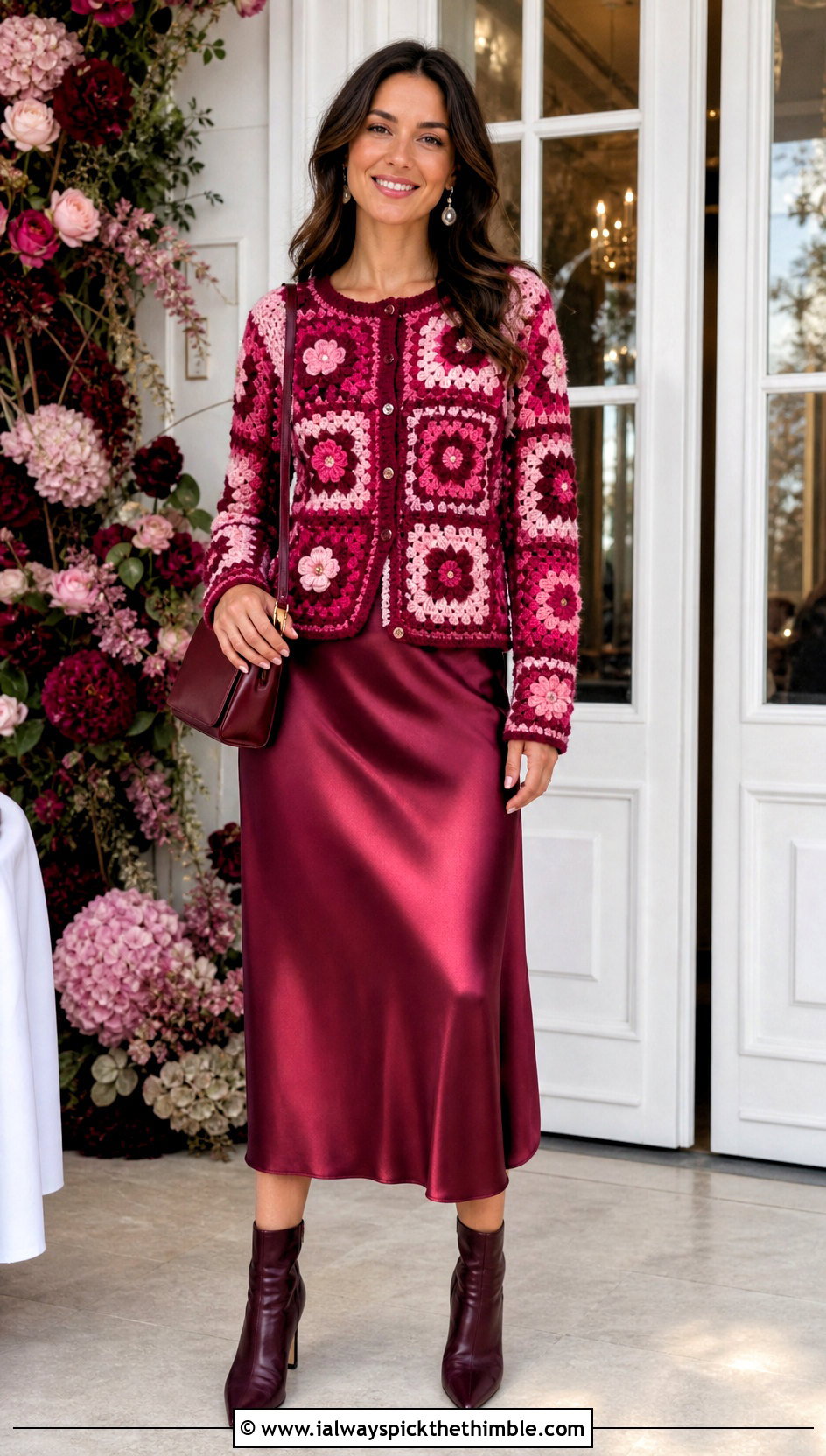 Floral Motif Patchwork Crochet Cardigan Sweater With Slip Skirt - 25 patchwork crochet sweater outfit ideas
