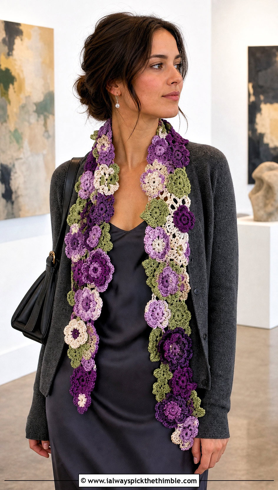 Floral Motif Patchwork Crochet Scarf With Slip Dress - 15 Patchwork Crochet Scarf outfit ideas