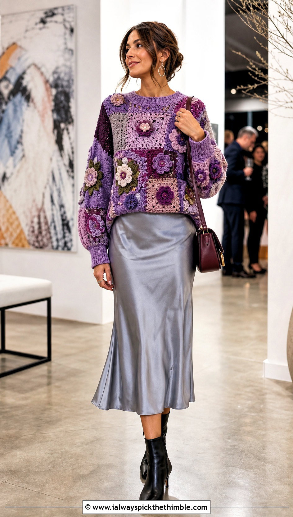 Floral Motif Patchwork Sweater With Satin Midi Skirt - 20 crochet patchwork sweater outfit ideas