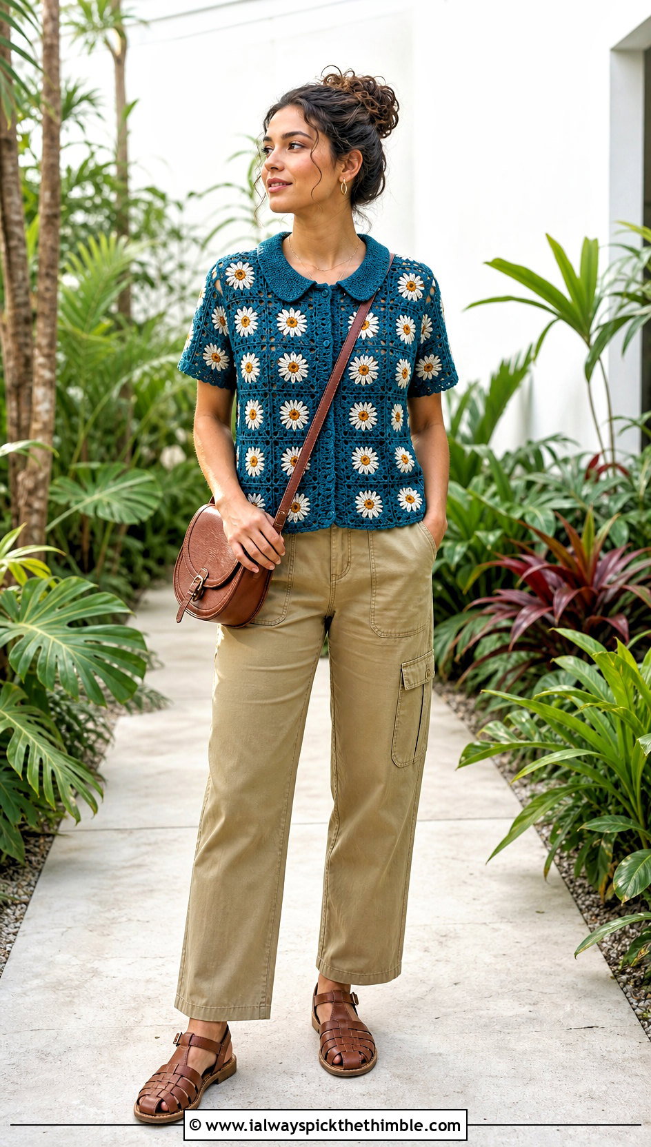 Floral Motif Peter Pan Collar Crochet Shirt With Utility Pants - 25 crochet collared shirt outfit ideas