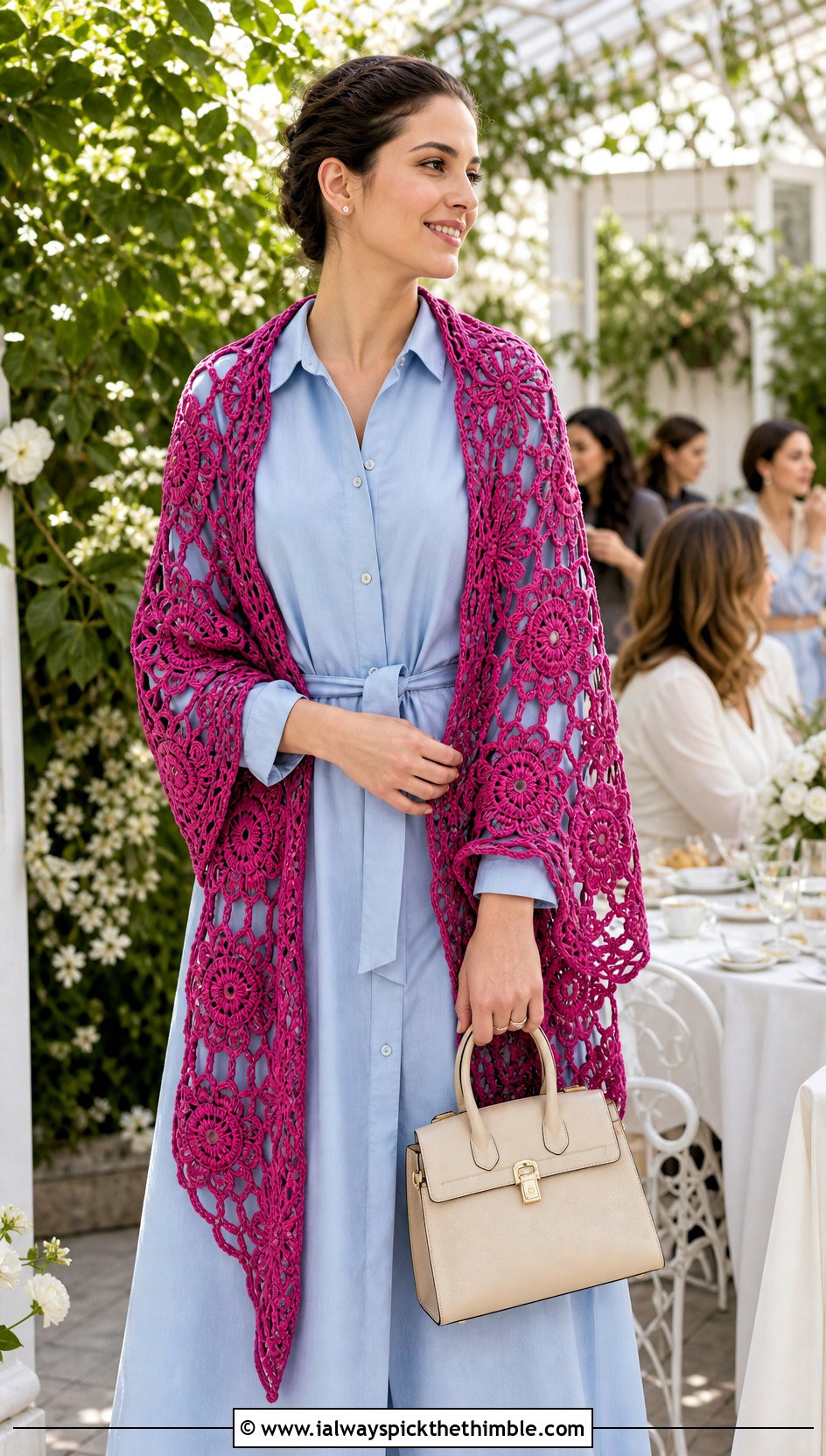 Floral Motif Prayer Shawl With Shirt Dress - 25 easy crochet prayer shawls outfit ideas
