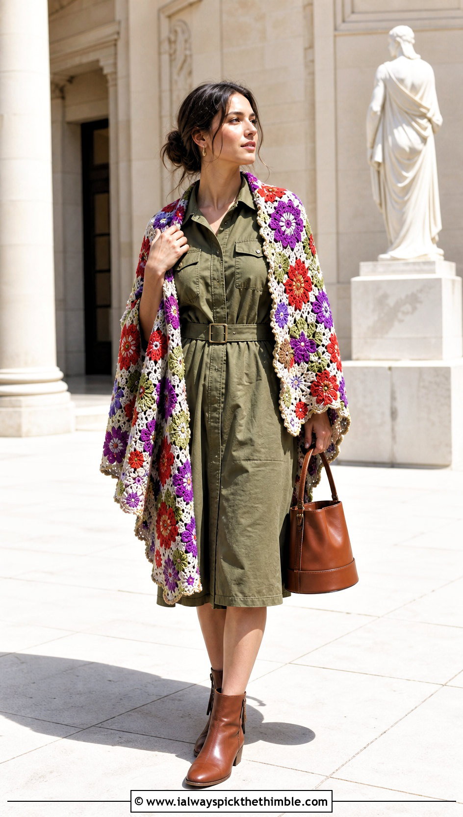 Floral Motif Prayer Shawl With Utility Dress - 25 crochet prayer shawl outfit ideas