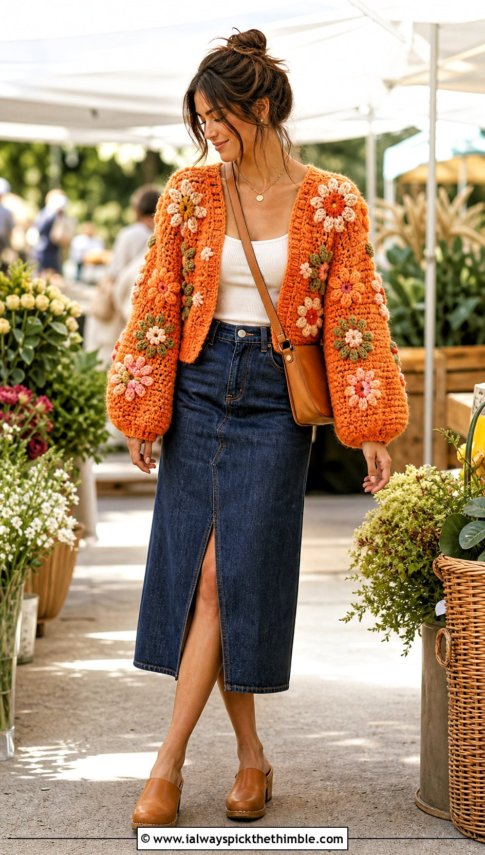 Floral Motif Puff Sleeve Crochet Cardigan With Denim Midi Skirt - 20 Puff Sleeve Crochet Cardigan outfit ideas