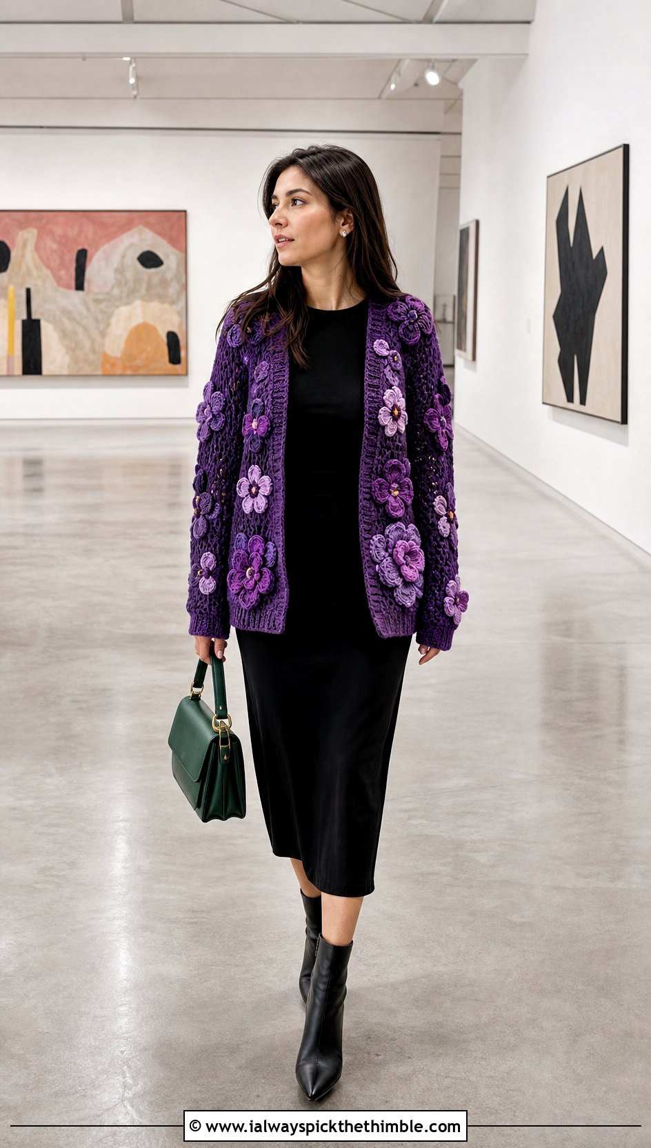 Floral Motif Purple Crochet Cardigan With Black Midi Dress - 25 purple crochet cardigan outfit ideas