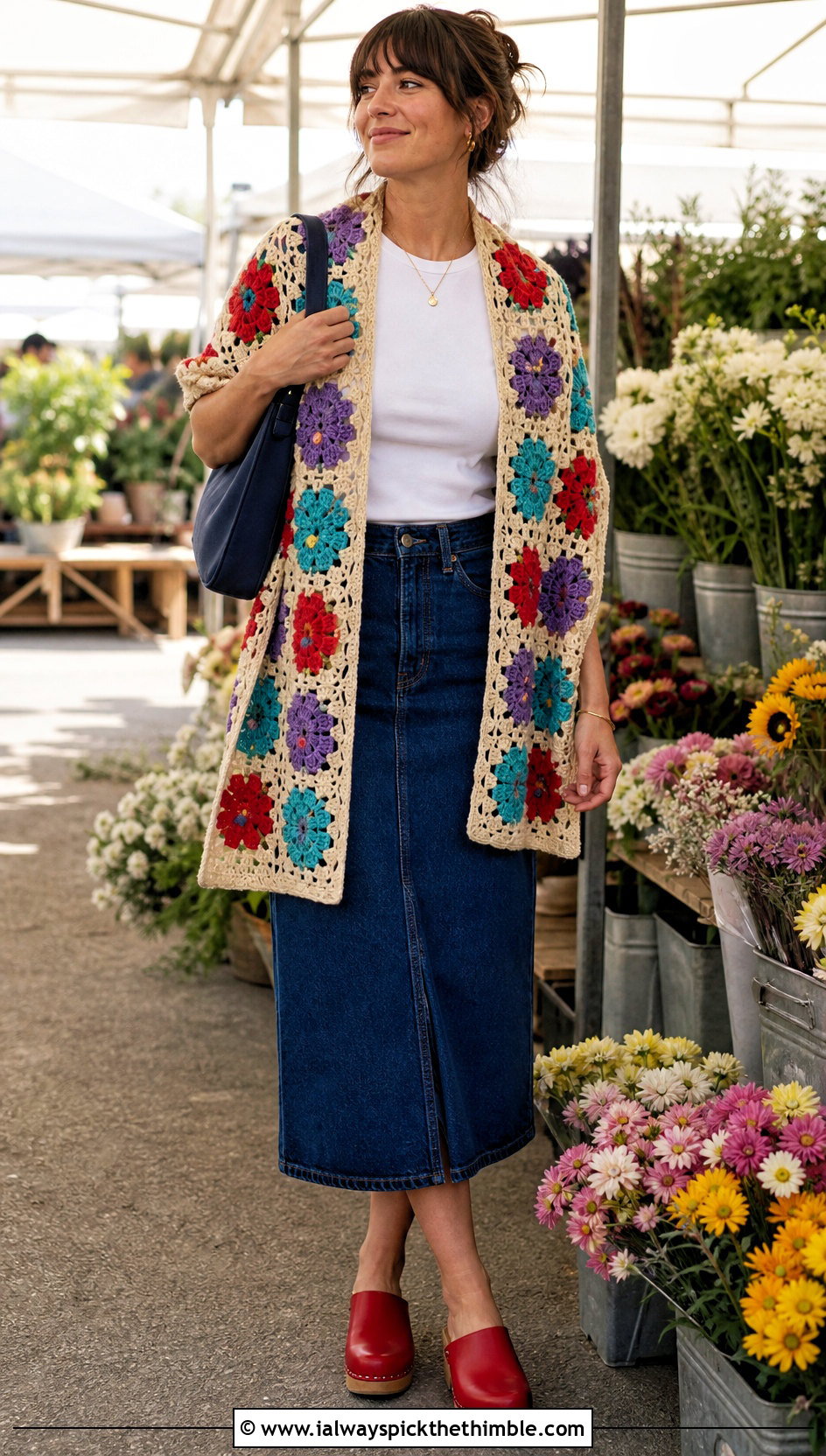 Floral Motif Rectangle Crochet Shawl With Denim Skirt - 20 Easy Rectangle Crochet Shawl outfit ideas