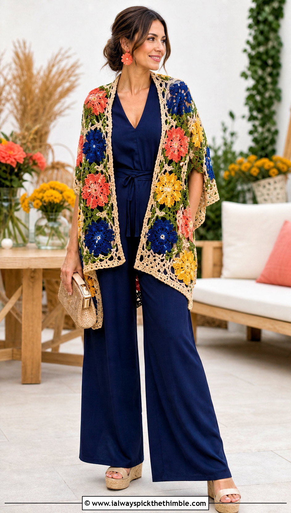 Floral Motif Rectangle Crochet Shawl With Jumpsuit - 20 Easy Crochet Rectangle Shawl outfit ideas