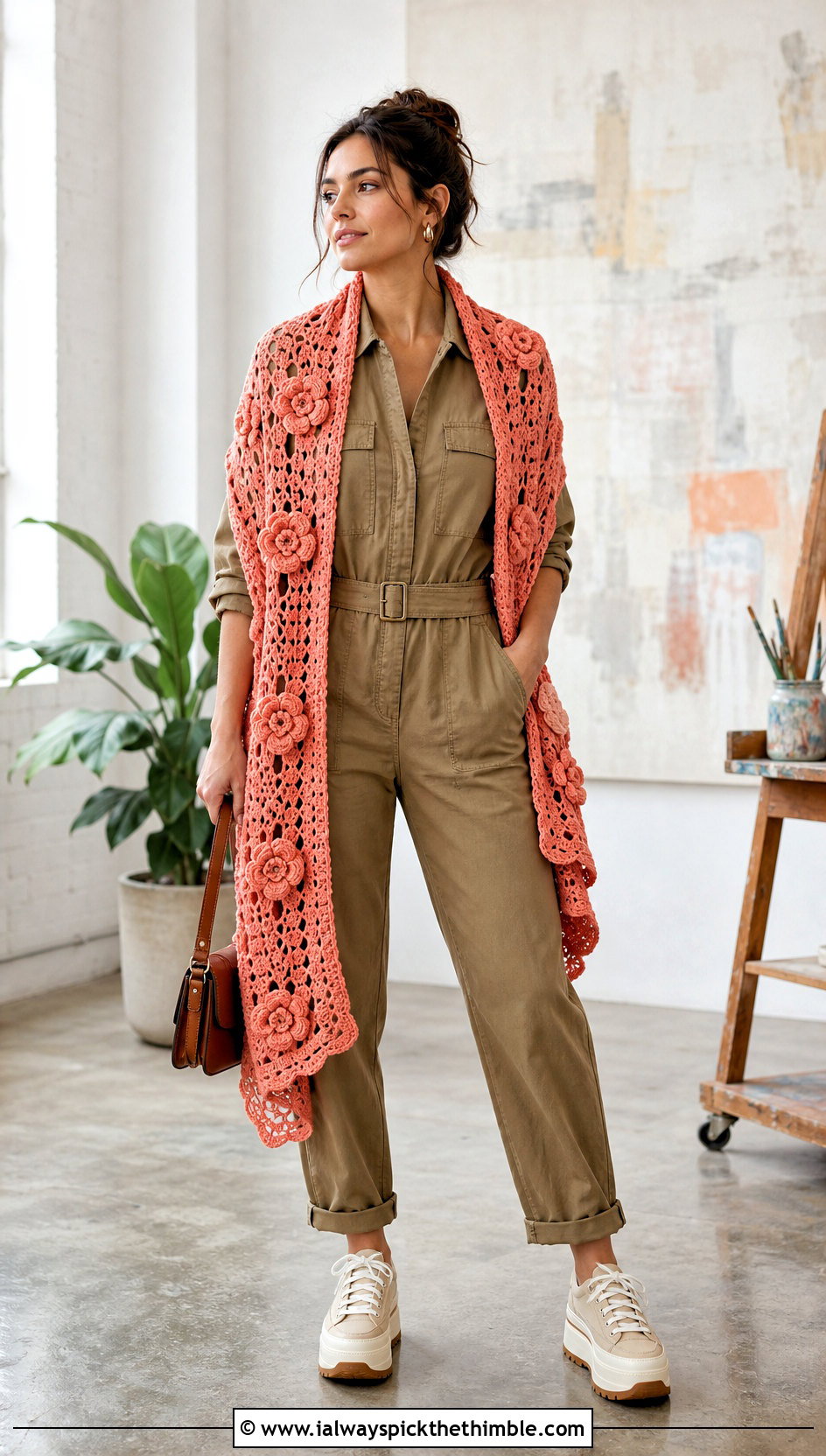 Floral Motif Rectangle Crochet Shawl With Utility Jumpsuit - 25 Crochet Rectangle Shawl outfit ideas