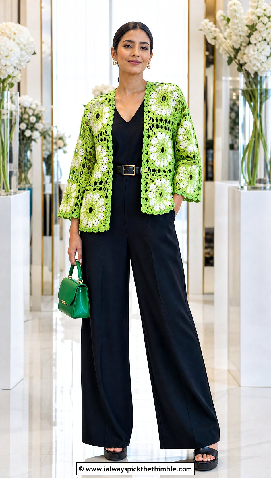Floral Motif Rectangle Crochet Shrug With Jumpsuit - 20 Rectangle Crochet Shrug outfit ideas
