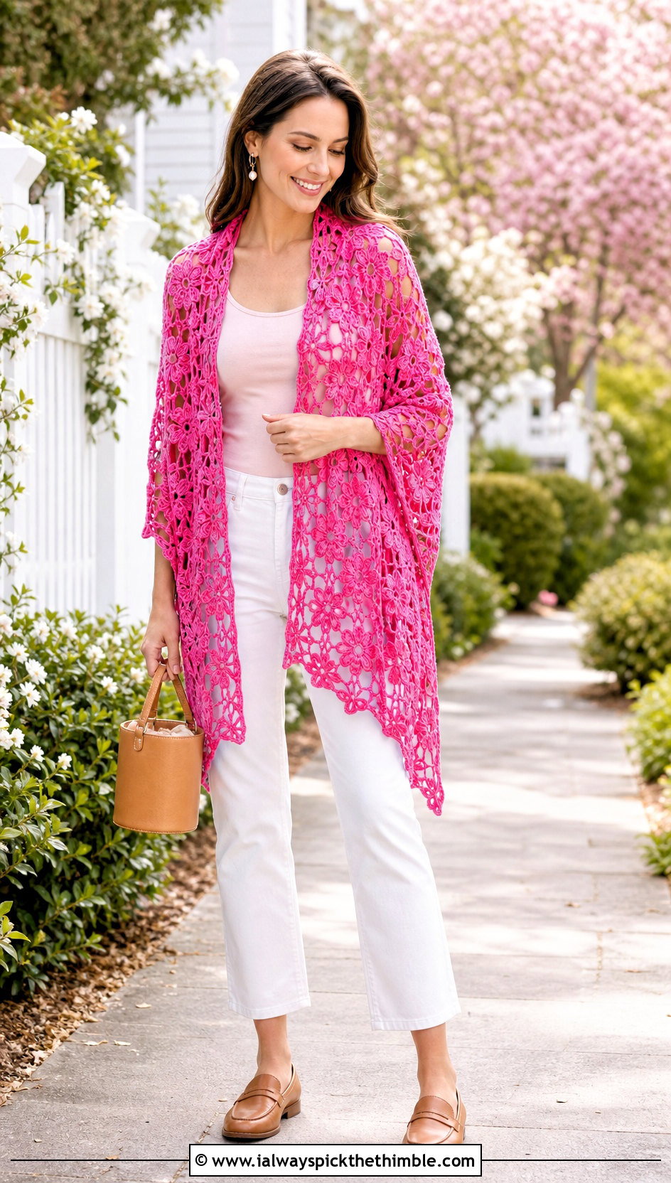 Floral Motif Rectangular Crochet Shawl With White Jeans - 20 rectangular crochet shawls outfit ideas