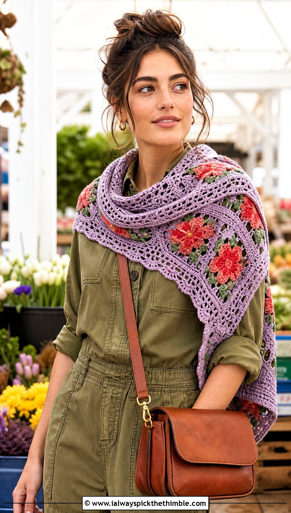 Floral Motif Rectangular Shawl With Utility Outfit - 20 crochet rectangular shawl outfit ideas