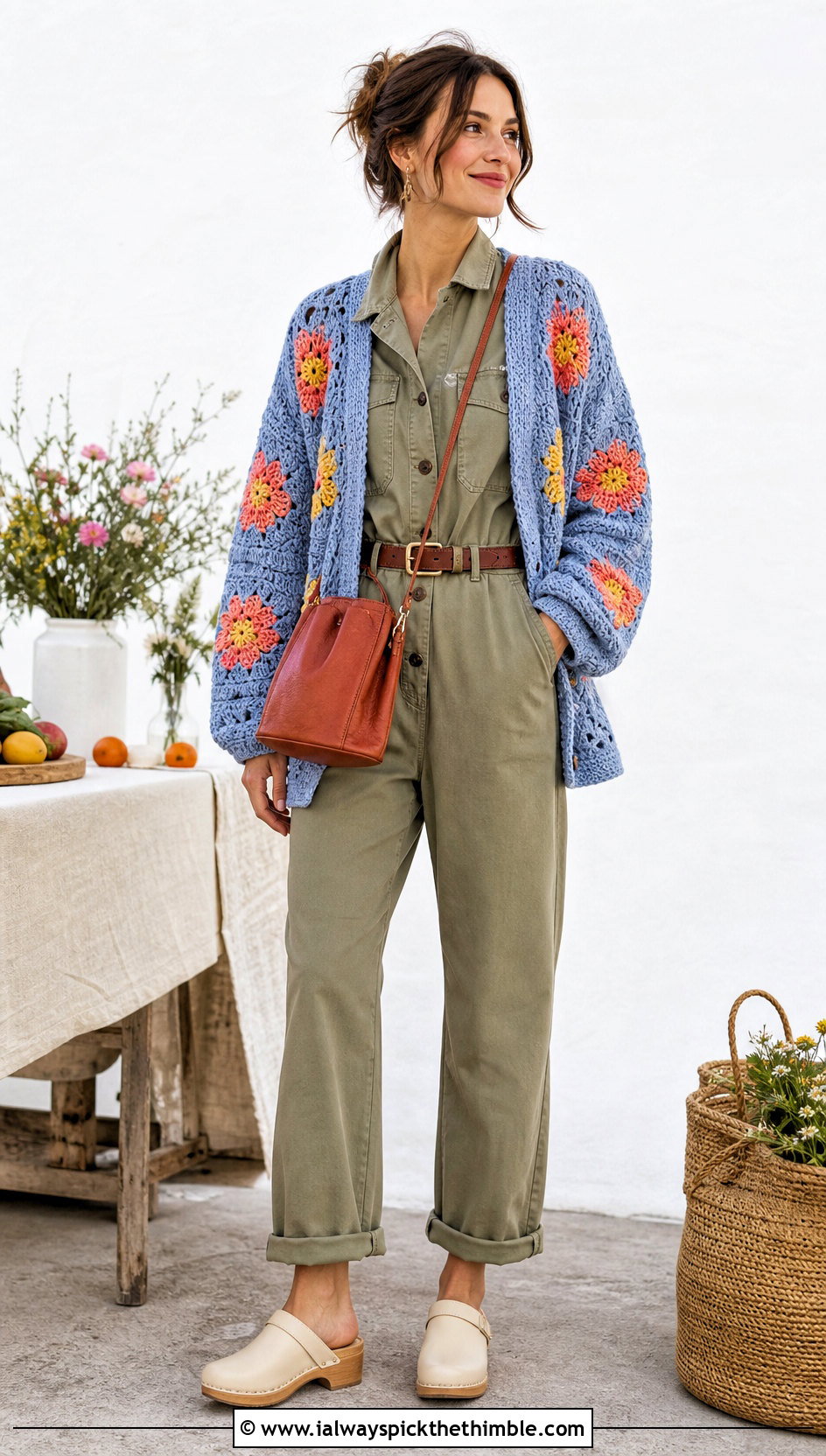 Floral Motif Sally Cardigan With Utility Jumpsuit - 20 Crochet Sally Cardigan outfit ideas