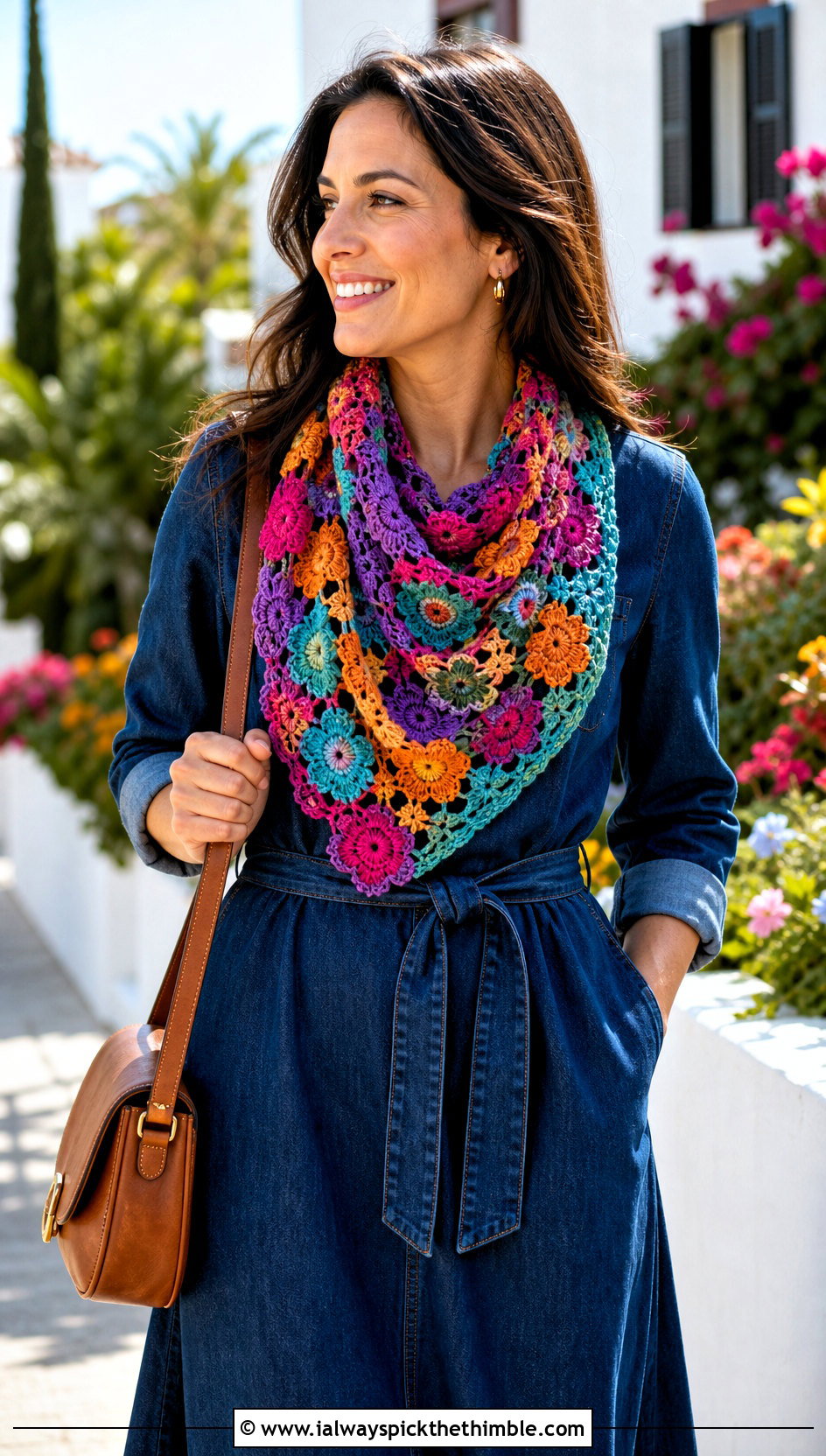 Floral Motif Scarf With Denim Dress - 25 crochet scarf ideas