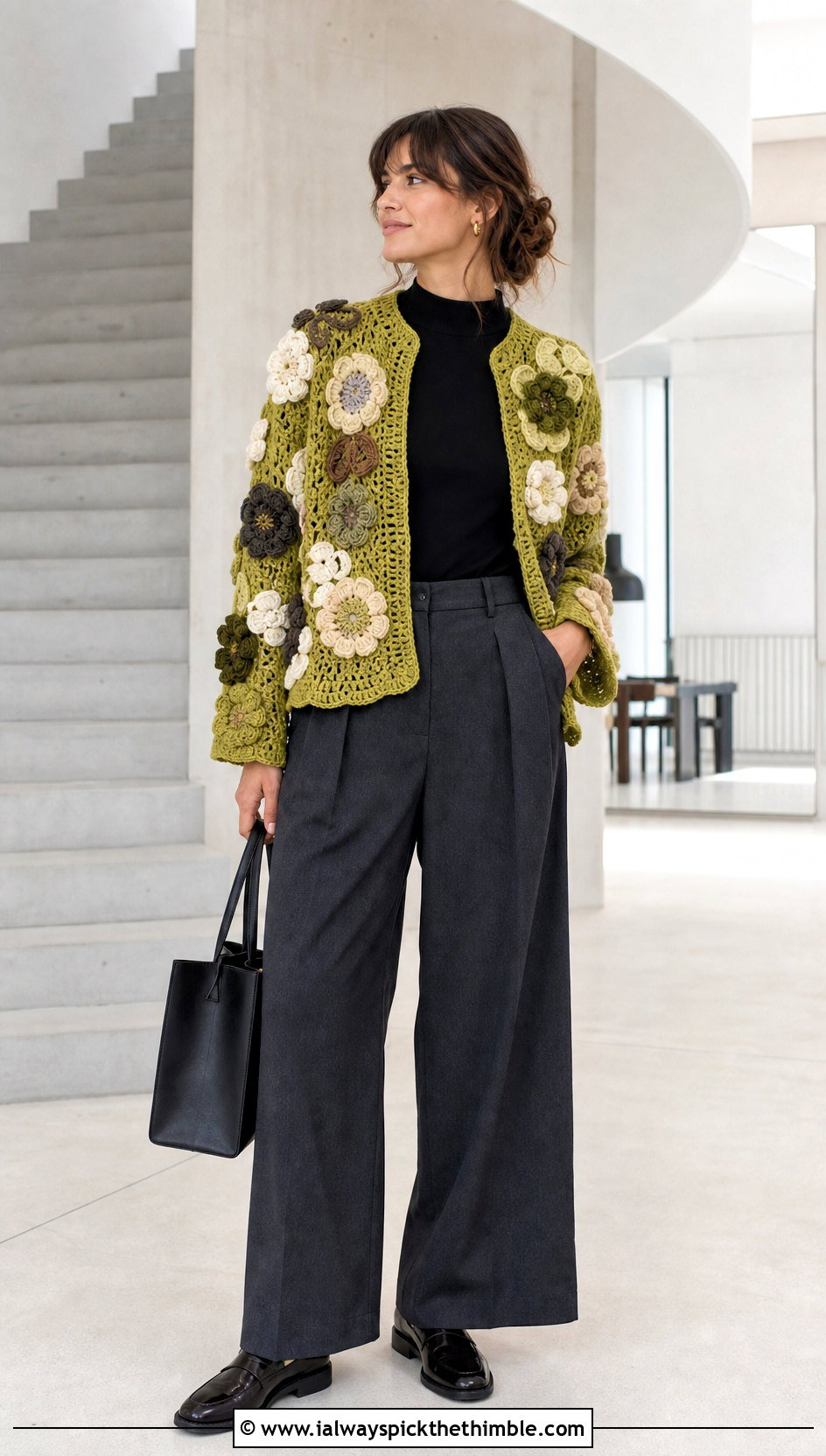Floral Motif Scrap Cardigan With Wide Leg Trousers - 15 Crochet Scrap Cardigan outfit ideas