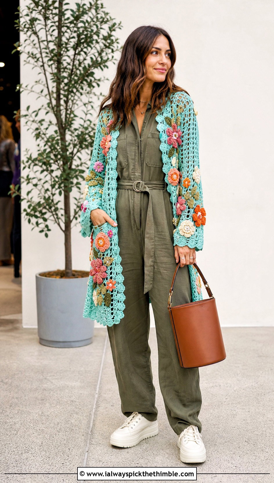 Floral Motif Shawl Crochet Cardigan With Utility Jumpsuit - 20 Shawl Crochet Cardigan outfit ideas