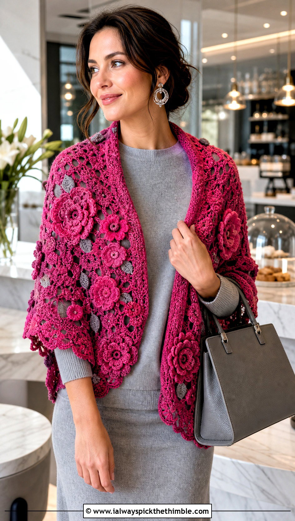 Floral Motif Shawl With Monochrome Knit Set - 20 Vintage Crochet Shawl outfit ideas