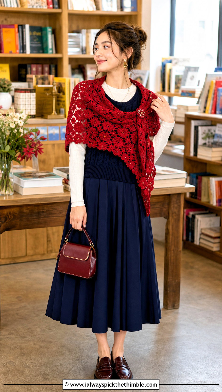 Floral Motif Sideways Crochet Shawl With Pleated Skirt - 20 Sideways Crochet Shawl outfit ideas