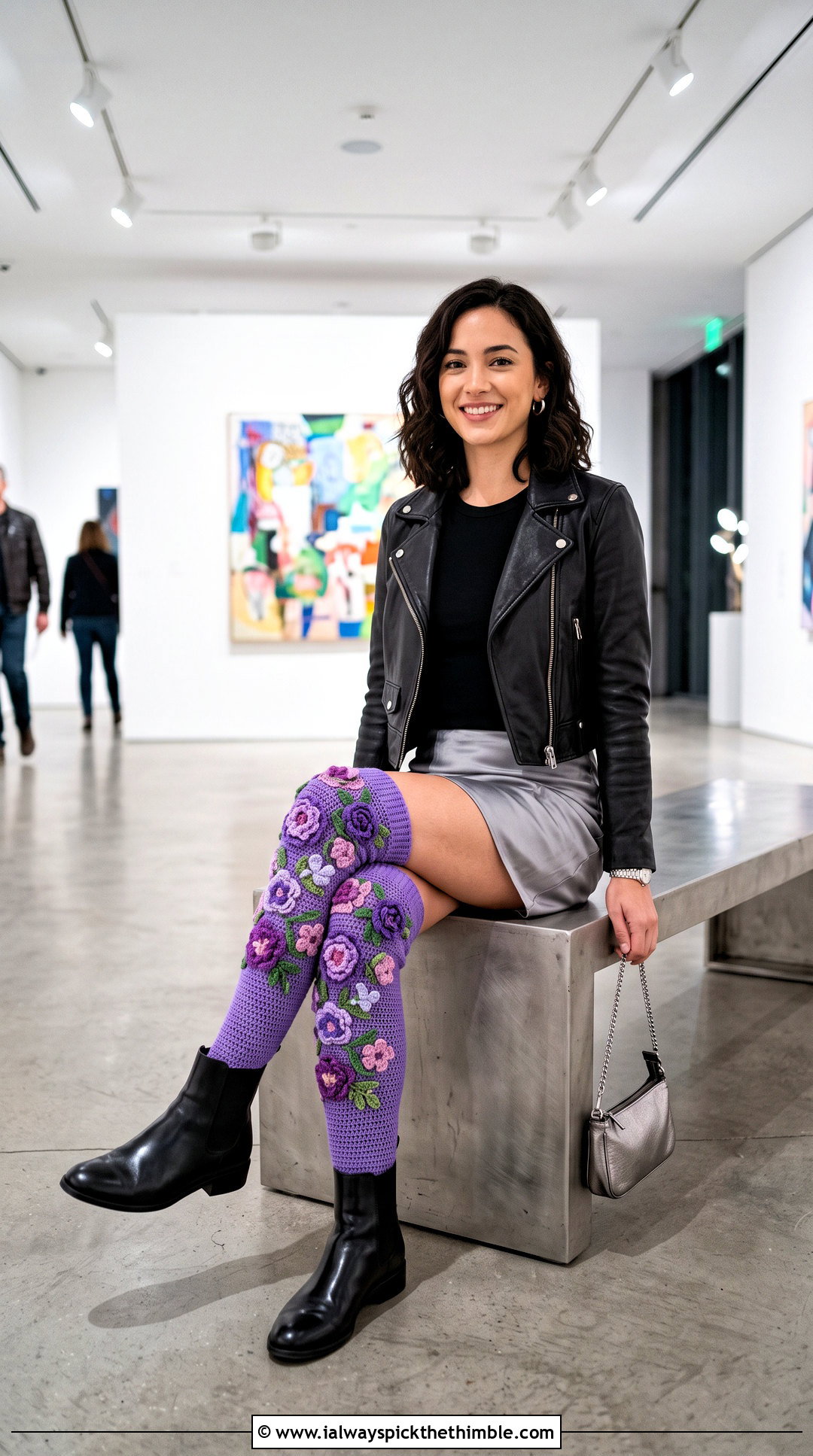 Floral Motif Thigh High Crochet Socks With Satin Skirt - 25 thigh high crochet socks outfit ideas