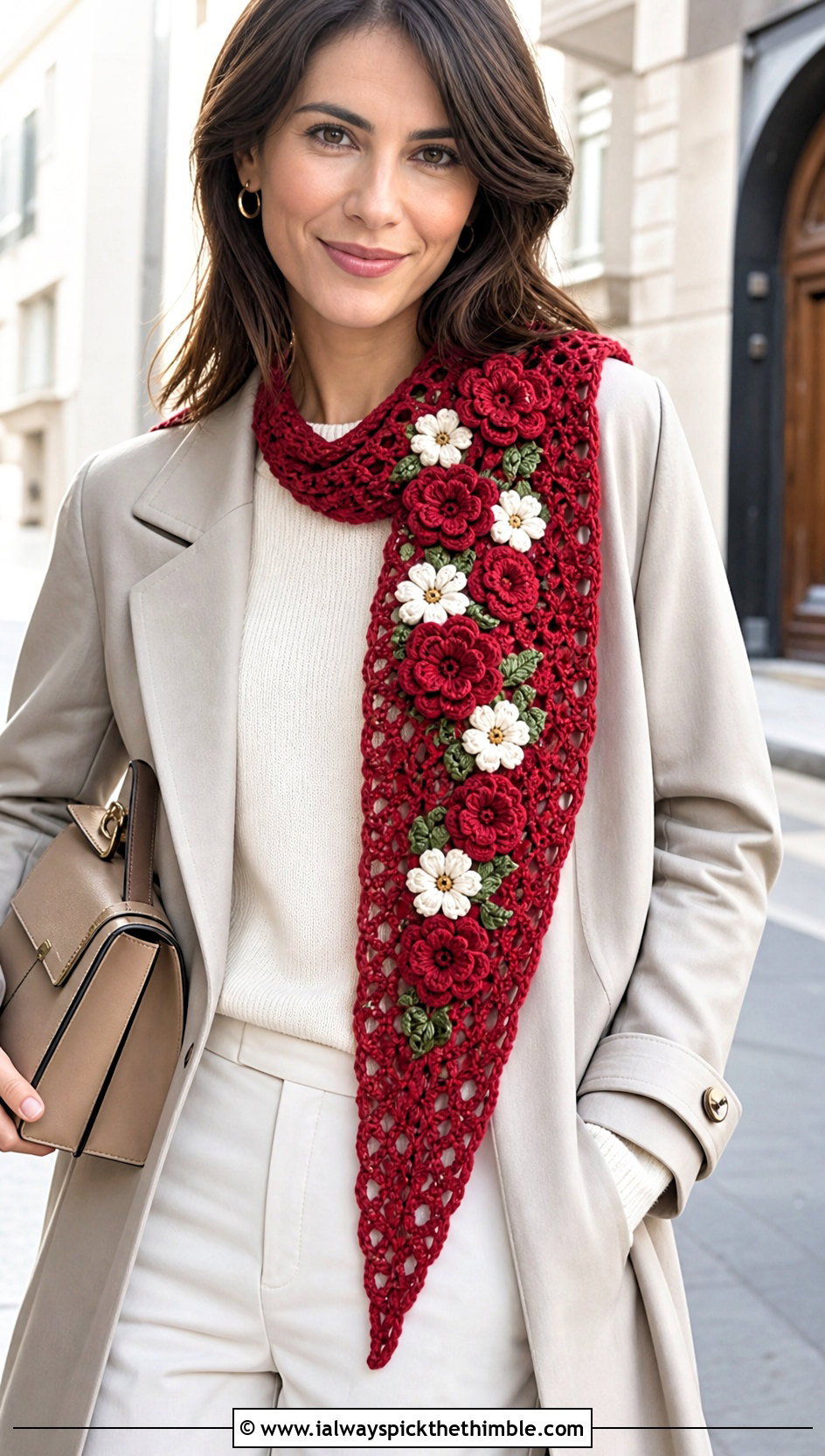 Floral Motif Triangle Crochet Scarf With Trench Coat - 15 Boho Triangle Crochet Scarf outfit ideas