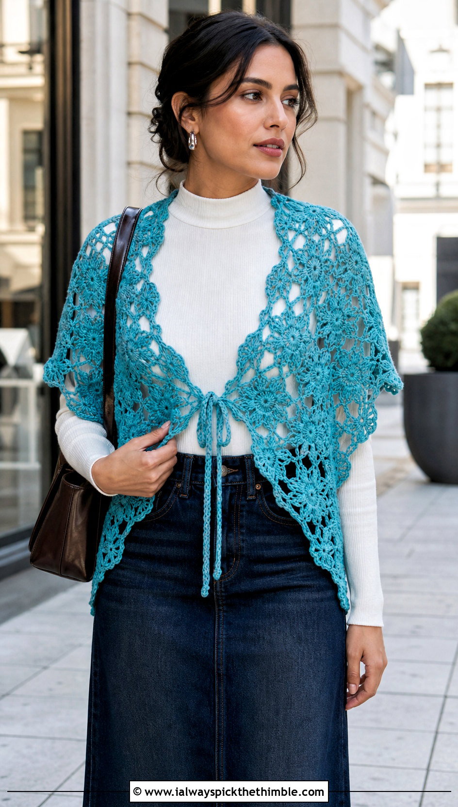 Floral Motif Triangle Crochet Shawl With Denim Maxi Skirt - 20 triangle crochet shawls outfit ideas