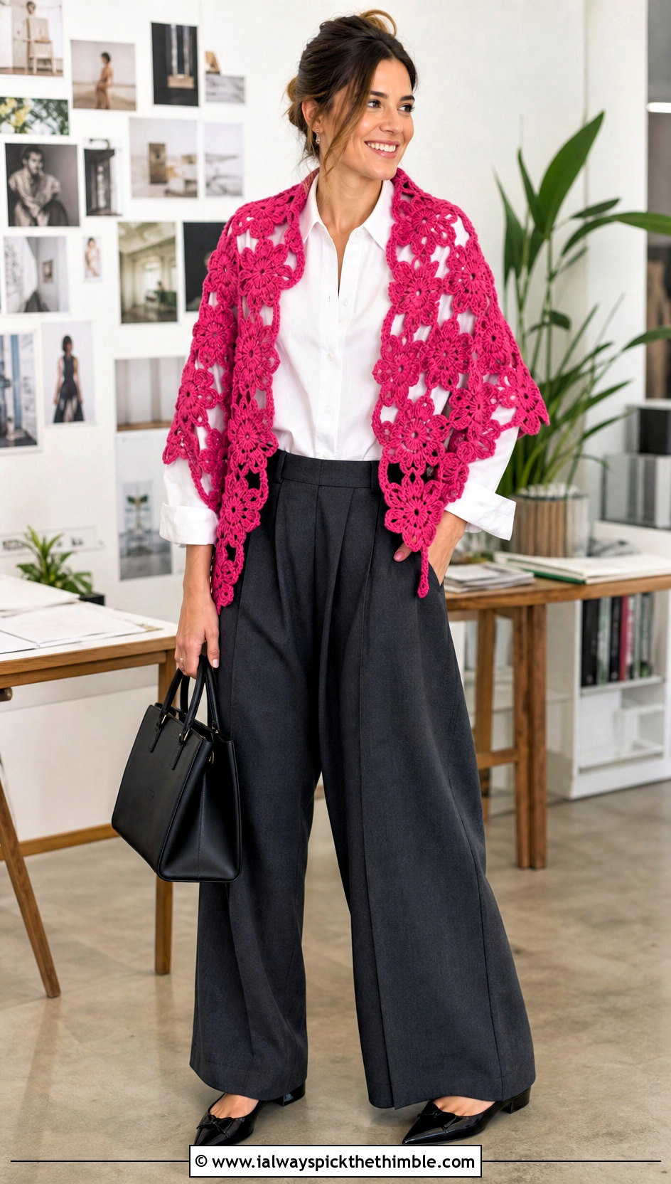 Floral Motif Triangle Crochet Shawl With Wide Leg Trousers - 25 triangle crochet shawl outfit ideas