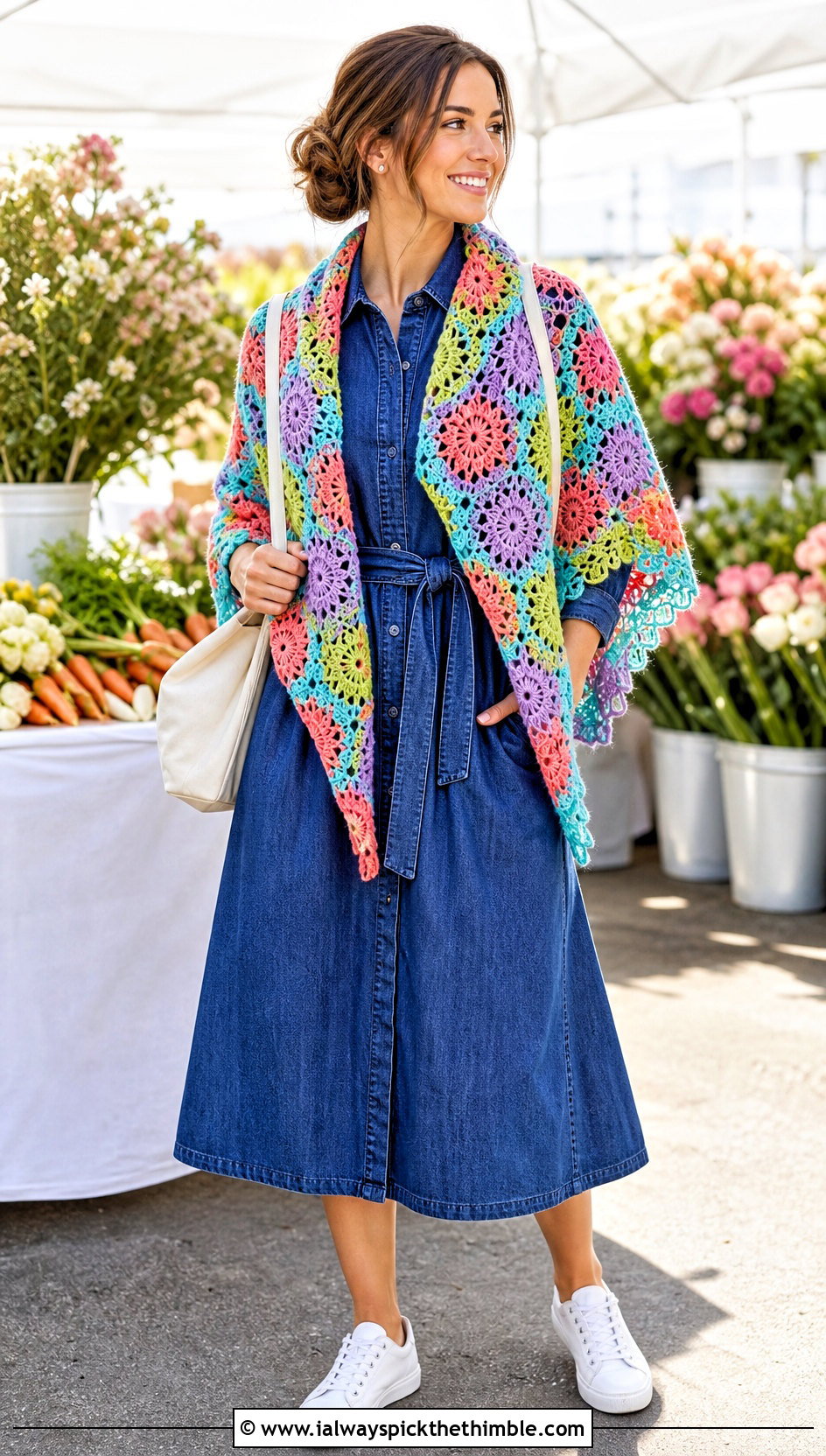Floral Motif Triangle Shawl With Denim Dress And Sneakers - 20 easy crochet triangle shawl outfit ideas