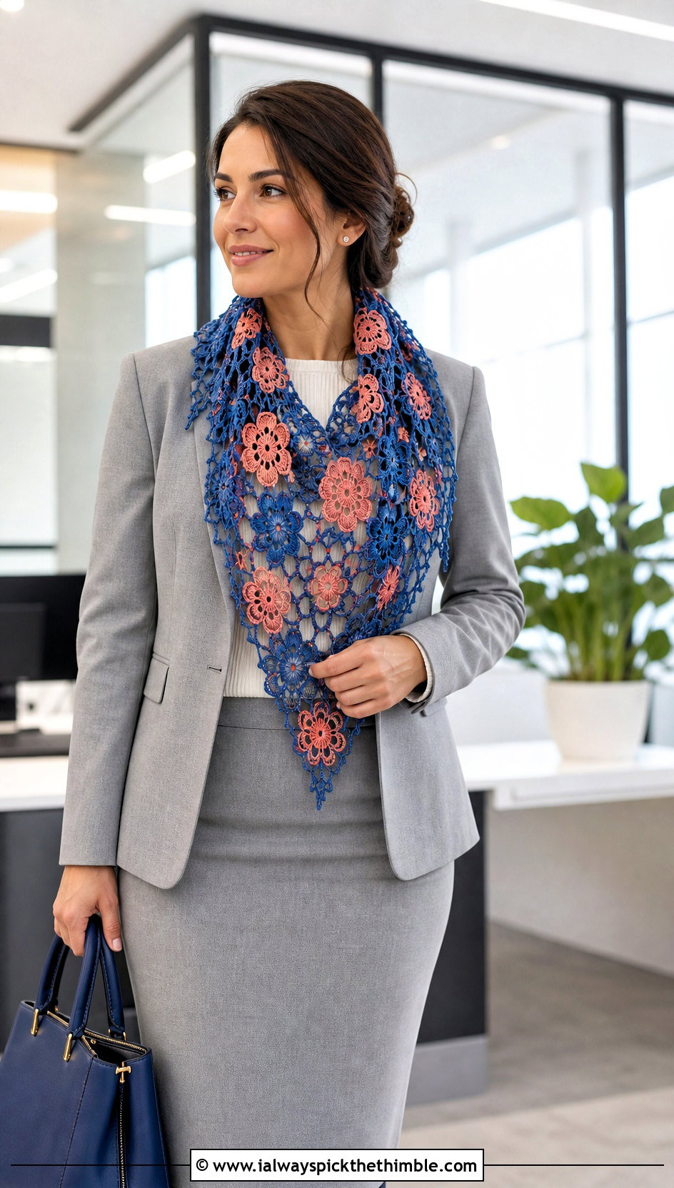 Floral Motif Triangular Crochet Shawl With Blazer And Skirt - 20 triangular crochet shawl outfit ideas