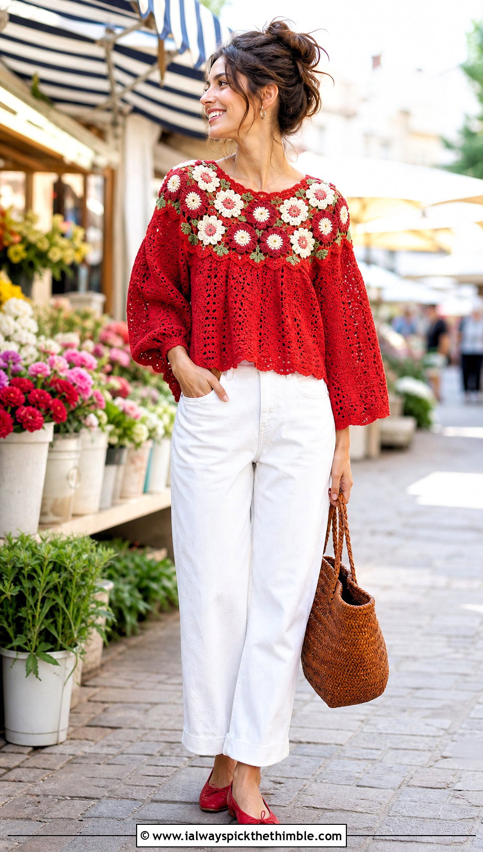 Floral Motif Yoke Crochet Shirt With White Barrel Jeans - 15 Crochet Yoke Shirt outfit ideas