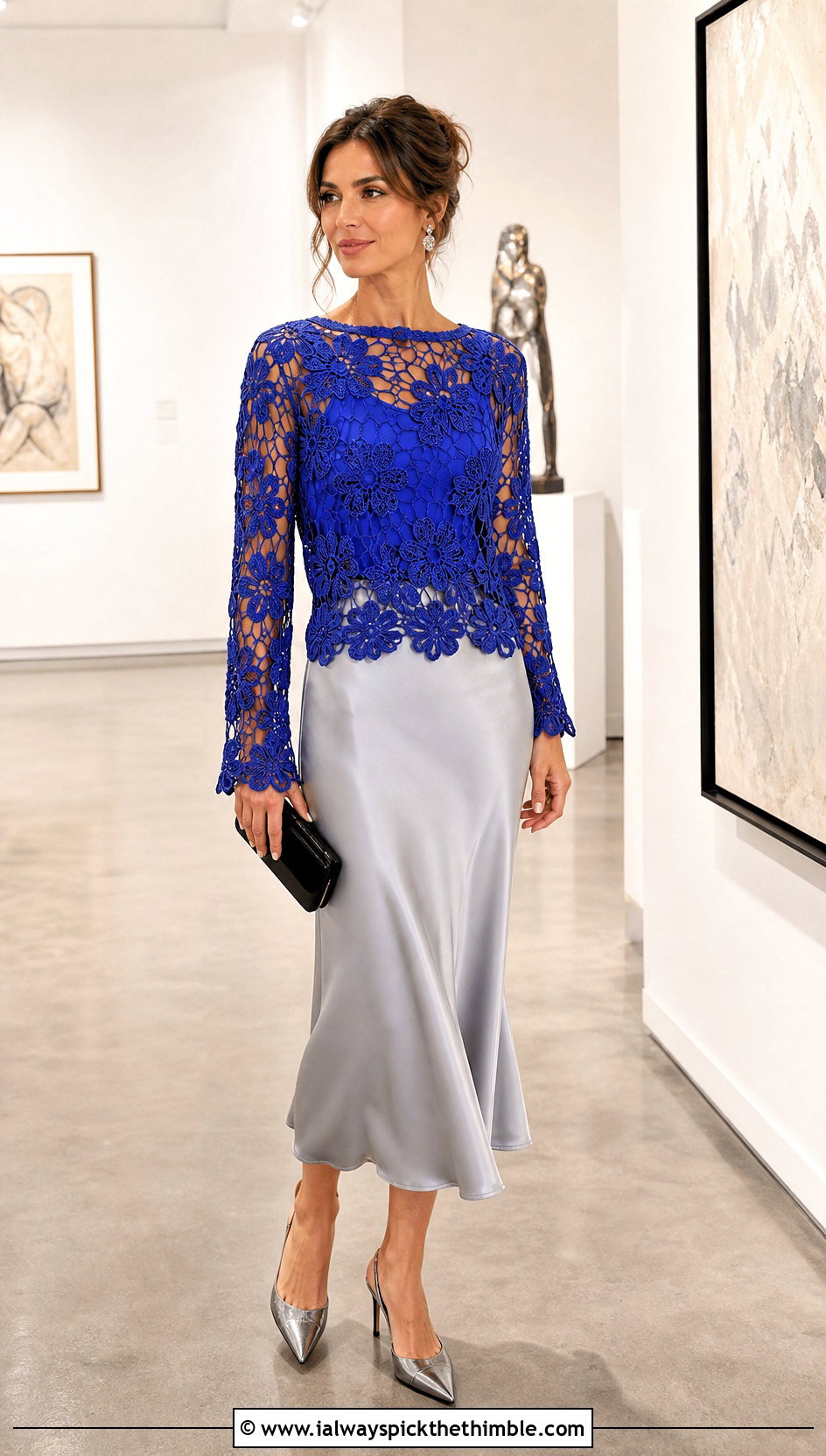 Floral Openwork Lacy Crochet Sweater With Satin Midi Skirt - 20 Lacy Crochet Sweater outfit ideas