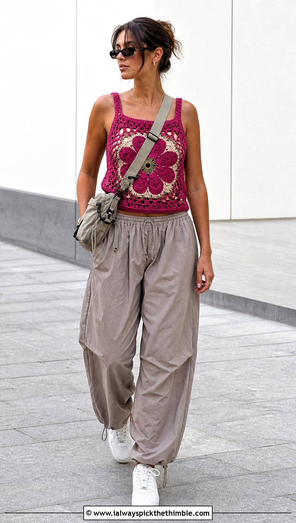 Floral Panel Tank Top With Parachute Pants - 25 crochet flower tank top outfit ideas