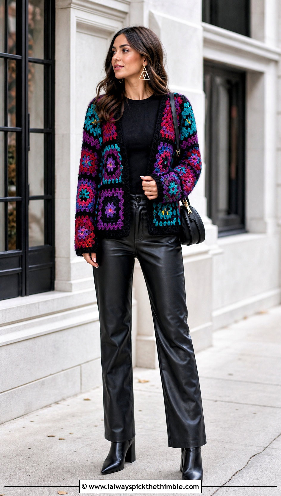 Floral Patchwork Cardigan With Leather Pants - 20 crochet flowers cardigan outfit ideas