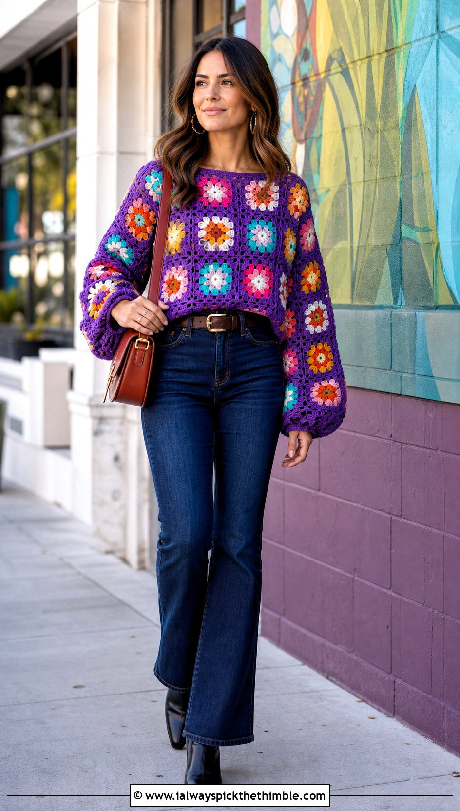 Floral Patchwork Granny Square Blouse With Dark Wash Jeans - 25 crochet granny square tops outfit ideas